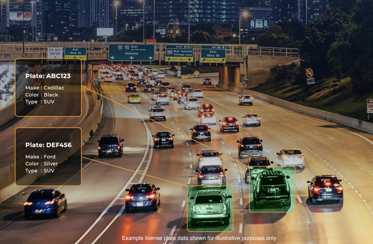 Cars on a highway at night with vehicle data captured by license plate recognition