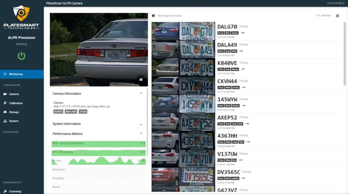 PlateSmart ARES license plate recognition user interface showing capture of vehicle data as cars pass in front of one camera