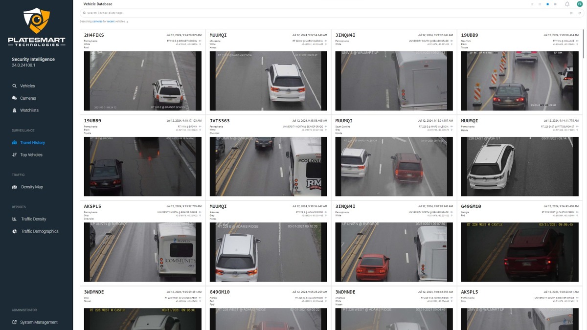 PlateSmart ARES LPR security intelligence dashboard showing vehicle images as well as captured vehicle data