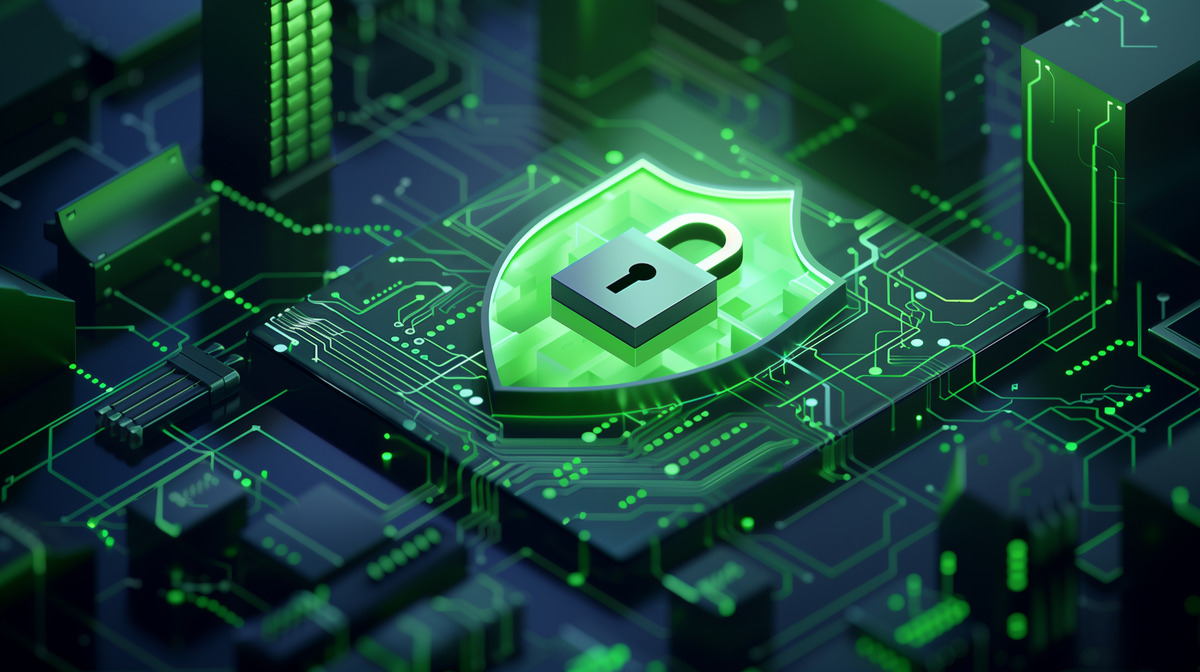 A graphical representation of data security shown by overlaying a padlock on electronic ciruitry