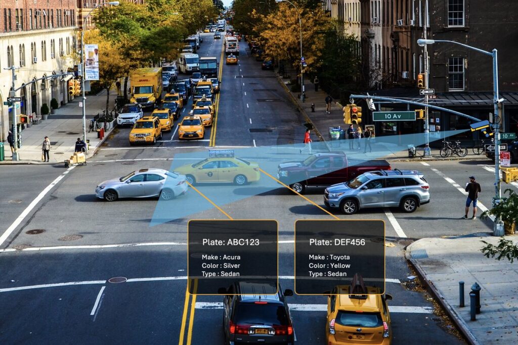 An illustration of PlateSmart ALPR capturing vehicle information at an intersection