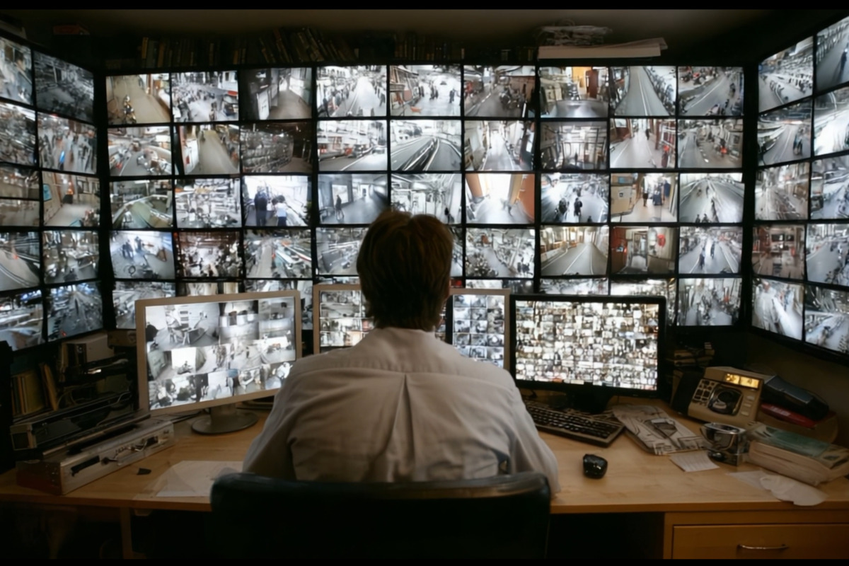 A man sitting in front of numerous screens showing feed from security cameras demonstrating ALPR scalability